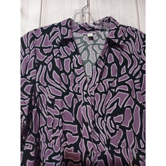 Cato Shirt Ladies Medium Purple Black Long Sleeve Button Front Bell Sleeve - Picture 3 of 7